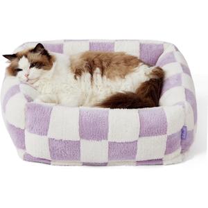 Lesure Cute Dog Bed for Small Dogs & Cats- Washable Puppy Beds, Cozy Rectangle Orthopedic Pet Sofa with Jacquard Shaggy Plush & Anti Slip Bottom, 20x19x6 inches (Lavender Checks)