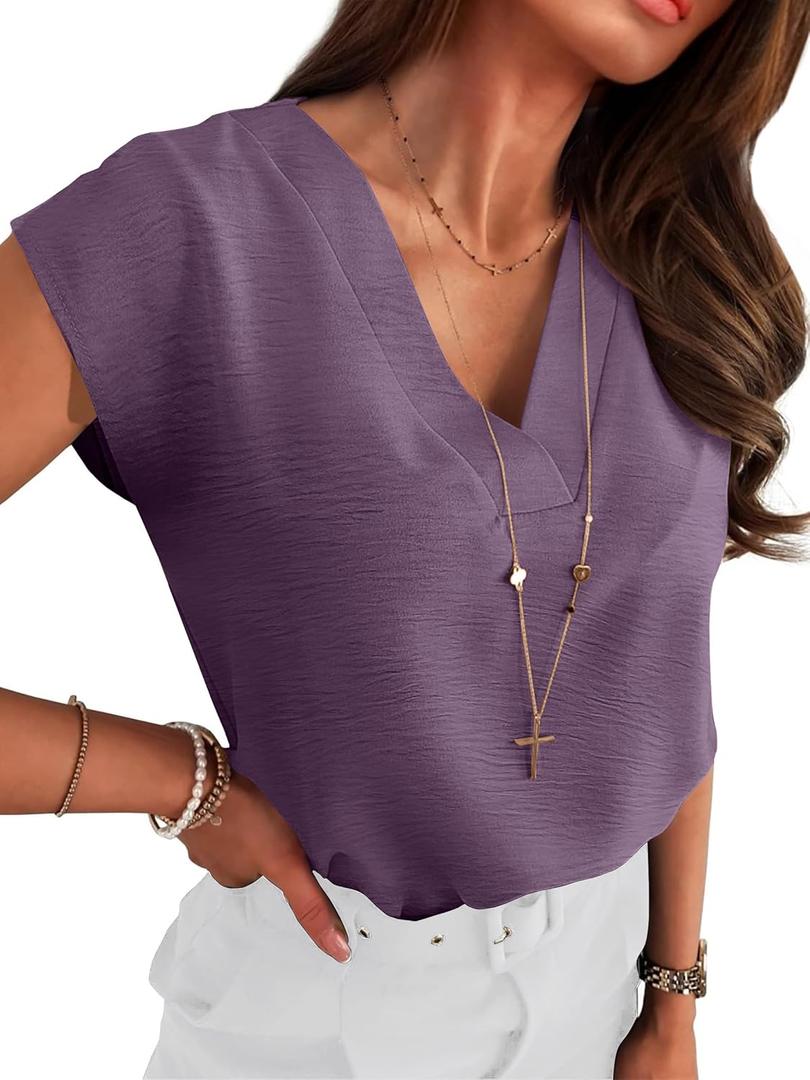 ANRABESS Women Tops Cap Sleeve Textured Dressy Casual V Neck Shirts 2025 Summer Business Work Blouses Outfits (Large, Dark Purple)