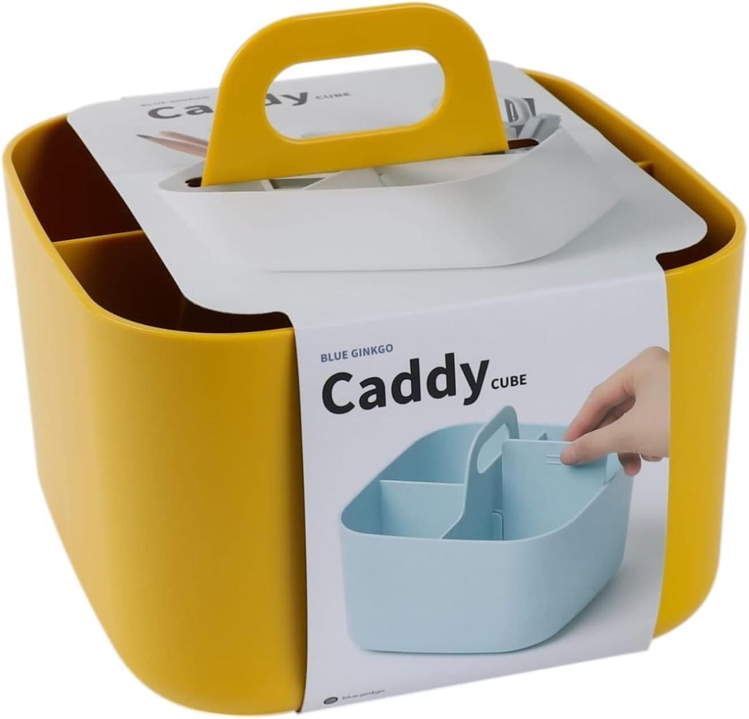 BLUE GINKGO Small Stackable Organizer Caddy  Korean-Made Portable Tote for Bathroom, Office, Crafts, or School Supplies (Square, Yellow)