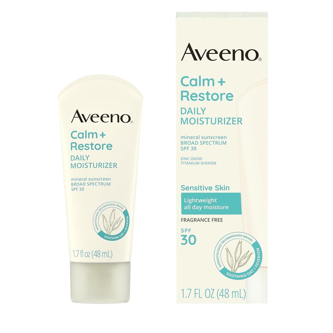 Aveeno Calm + Restore Daily Moisturizer Mineral Sunscreen with Broad Spectrum SPF 30, Lightweight All Day Moisture + UVA/ UVB Sun Protection for Sensitive Skin, Fragrance Free, 1.7 fl. Oz