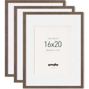 Yaetm 16x20 Picture Frame with Mat for 11x14 - Solid Walnut Wood 16 x 20 Frame for Poster & Art Print, Lightweight, Horizontal and Vertical Wall Hanging for Photo Gallery (Pack of 3, Walnut)