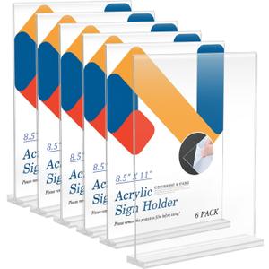Relx 6 Pack Acrylic Sign Holder 8.5 x 11, Vertical T Shape Plastic Sign Holder with Base, Double-Sided Clear Tabletop Plexiglass Flyer Stands for Restaurant Office Store Home Picture Frame Display