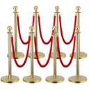8 PCS Stainless Steel Stanchion Post,5Ft Red Velvet Rope, Hollow Base and Velvet Ropes Safety Barriers Set, Poles Crowd Control Barriers for Red Carpet Themed Decoration (8) (Gold Color)