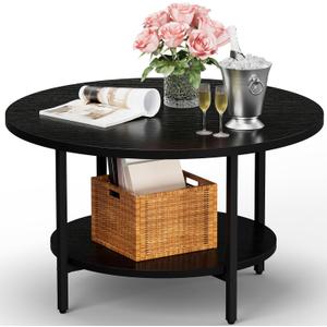 Coffee Table, 27.6 Circle Coffee Tables for Living Room, 2 Tier Round Coffee Table with Storage, Wood Accent Center Floor Table for Bedroom, Industrial Home Office, Black (27.6" D x 17.7" H)