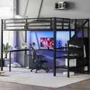 Full Loft Bed with Stairs and Wardrobe, Full Size Loft Bed with Desk and Storage, Metal Loft Bed with Charging Station and Light, Balck