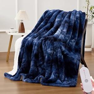 HYLEORY Faux Fur Heated Throw Blanket - Soft Flannel Electric Blanket with 5 Heating Levels & Auto Off 3 Hrs, Fluffy Cozy Warm Couch Bed Blankets for Winter Halloween Decor, 50''x60'', Navy