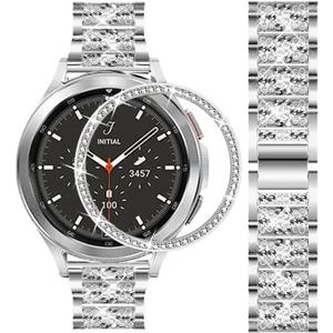 Bands Compatible with Samsung Galaxy Watch 4 Classic 46mm, Jewelry Bling Rhinestone Diamonds Metal Bracelet with Bezel Ring Cover Watch Fase Replacement Accessories for Women Men. (Silver.)