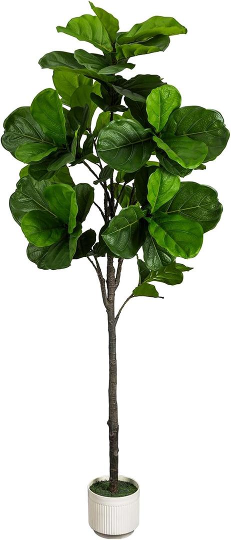 Artificial Fiddle Leaf Fig Tree - 6FT Tall Fake Tree with White Planter, Large Faux Ficus Lyrata Tree Floor Plants, Artificial Plant Indoor Home Decor Office Living Room Housewarming Gift