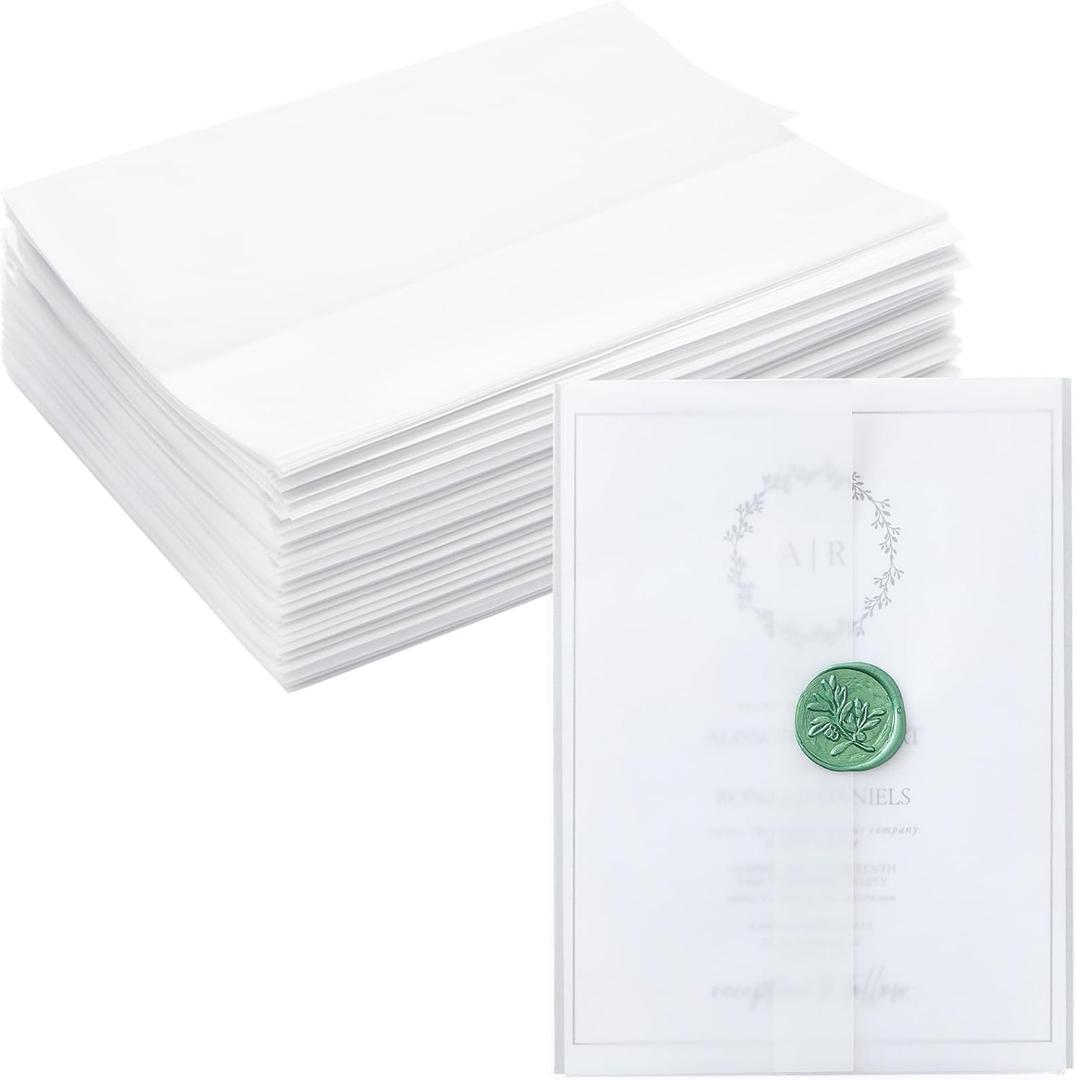 100 Pack Vellum Jackets for 5x7 Invitations, Pre-Folded Bulk Transparent Paper Envelope Liners for Wedding Cards and Scrapbooking
