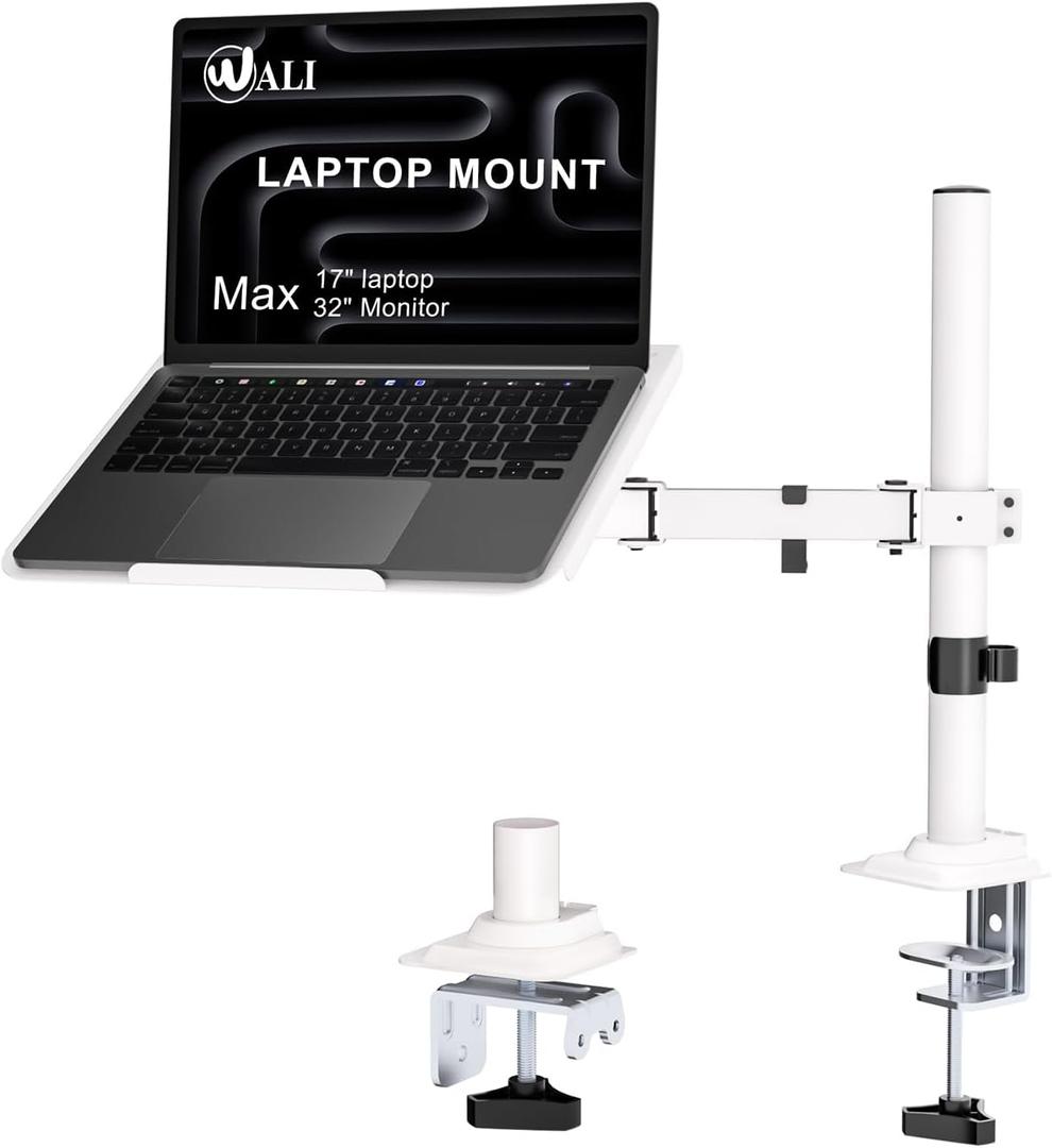 WALI Laptop Desk Mount for 17 inch Notebook, Adjustable Single Monitor Arm with Laptop Holder for 32 inch Screen, Laptops Stand with Ventilated Tray, Up to 22 lbs, (M00LP-W), White
