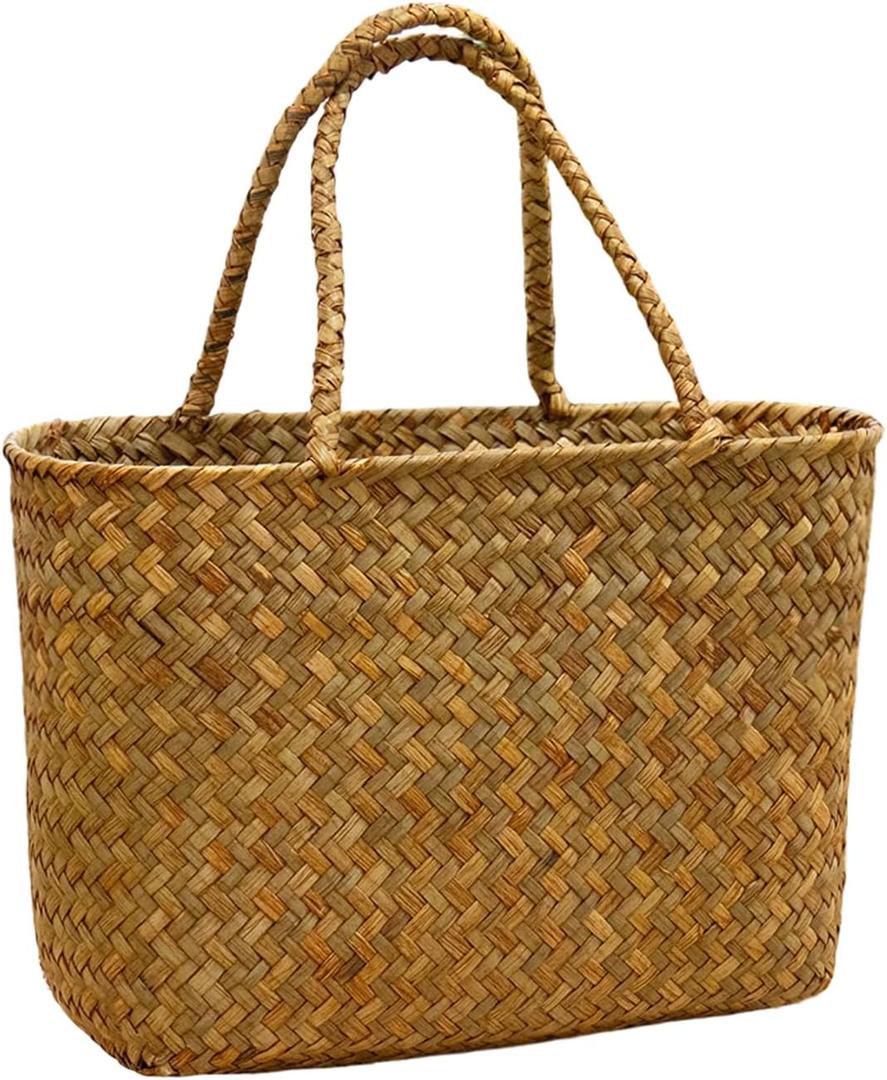 Handmade Seagrass Woven Tote Bag Natural Style Vintage Craftsmanship Lightweight Handheld and Shoulder Bag for Summer Outings and Beach Adventures Flower Basket Beach Bag Woven for Women