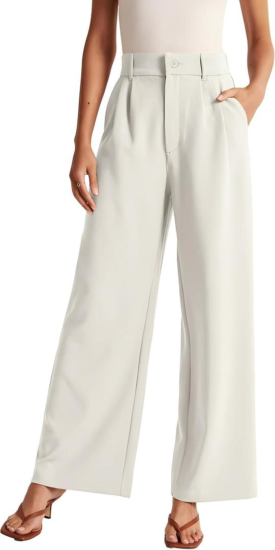 Womens Wide Leg Pants High Waisted Business Casual Summer Dress Pants Palazzo Long Work Trousers with Pockets (White, M)