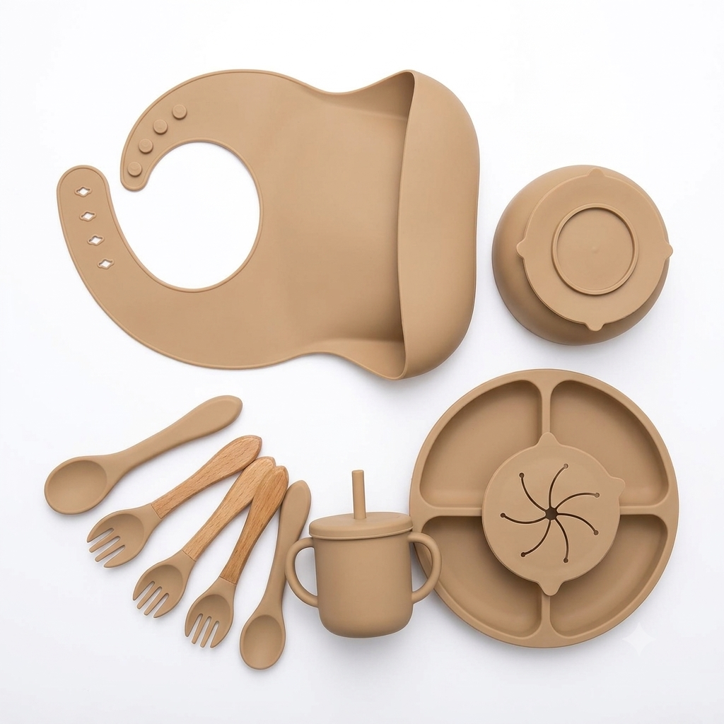 BPA-FREE 7-Piece Silicone Baby Feeding Set, Non-Toxic Plates and Utensils, Includes Divided Plate, Suction Bowl, Sippy Cuf Bib, Spoons and Fork beige