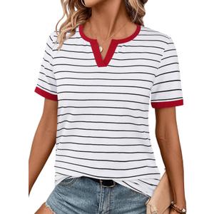 LilyCoco Women's Striped Shirt Short Sleeve Color Block Tops Notched Neck Summer Tee White Medium (M)