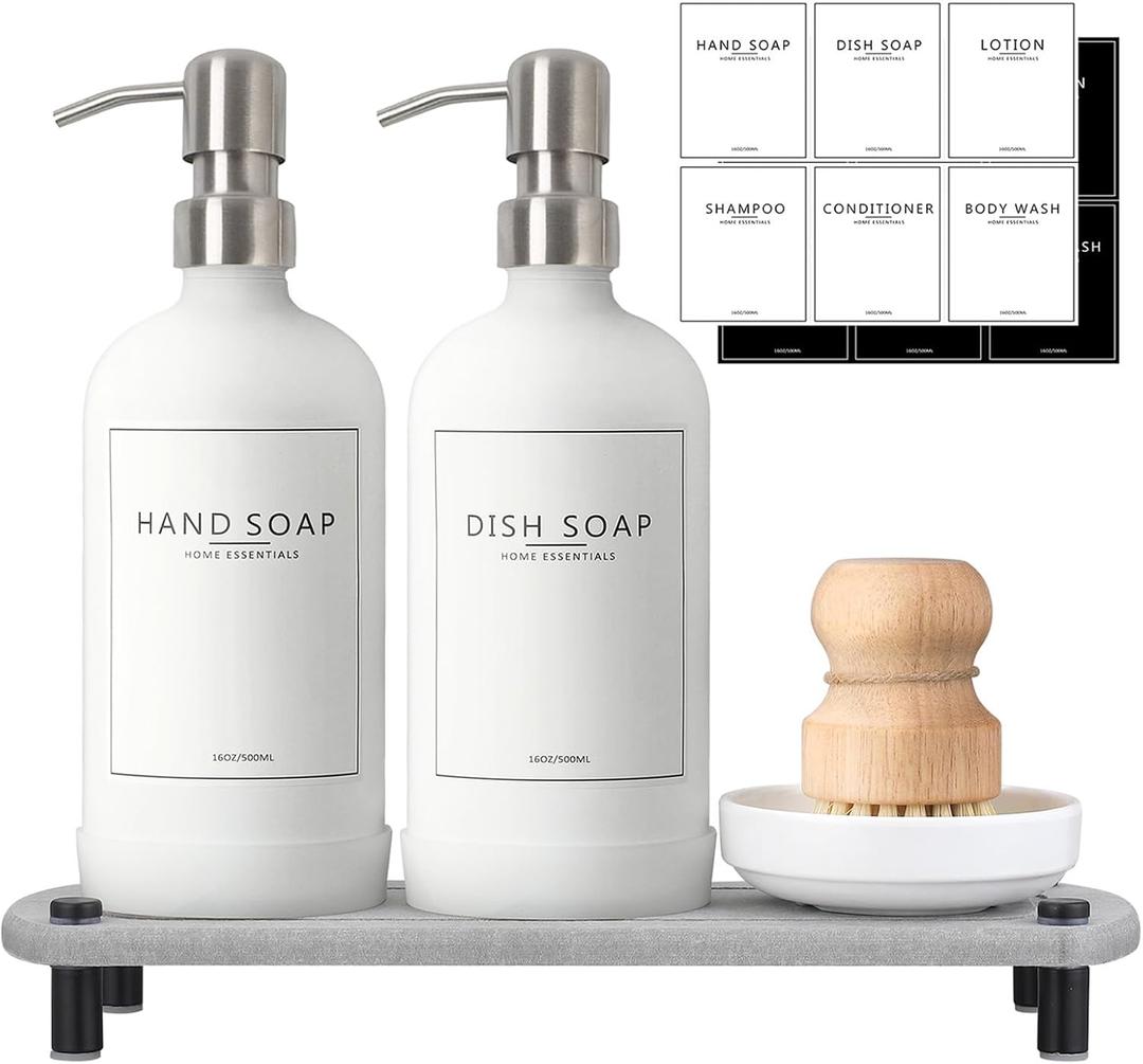Kitchen Soap Dispenser Set with Instant Dry Tray,16 Oz Hand and Dish Soap White Glass Dispenser Set,Stainless Steel Pump,Waterproof Labels&Dish Brush,Luxury Soap Bottle for Kitchen,Bathroom (8.6"L x 3"W x 3"H)