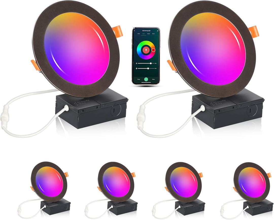 [6 Pack] CLOUDY BAY 6inch Smart WiFi LED Recessed Lights,RGB Color Changing Recessed Lighting,Compatible with Alexa and Google Home Assistant,15W 2700K-6500K,CRI90+ Wet Location,Oil Rubbed Bronze