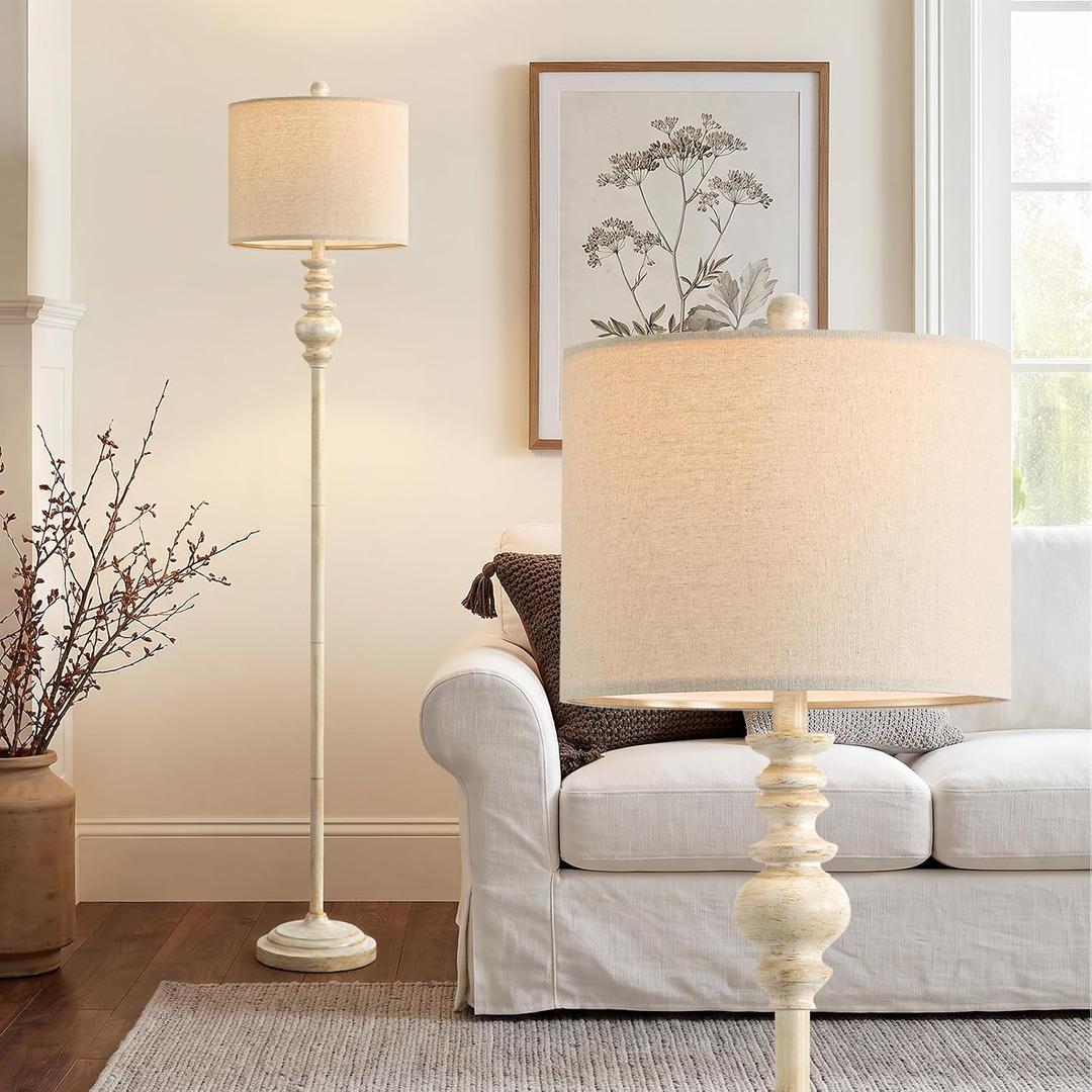BOBOMOMO 64.25" Farmhouse Floor Lamp for Living Room, Tall Antique White Standing Lamp with Gold Accents, Rotary Switch Reading Lamp for Bedroom & Nursery, Classic Home Decor Corner Lamp
