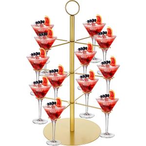Cocktail Tree Stand, Metal Drink Tower, 3 Tier - 12 Holders For Champagne, Martini, Margarita Cups - Gold, Large
