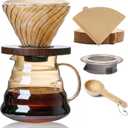 Pour Over Coffee Maker Set 20 oz, 600 ml Borosilicate Glass Coffee Server with Glass Lid, 50 pcs Paper Filter, Walnut Handle Pour Over Coffee Dripper for Home Caf Restaurant, Gold