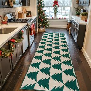 jinchan Christmas Runner Rug 2x5 for Kitchen Holiday Rug for Hallway Bathroom Red Green Christmas Tree Printed Xmas Decor Washable Runner for Entryway Laundry Room Bedroom Non-Slip