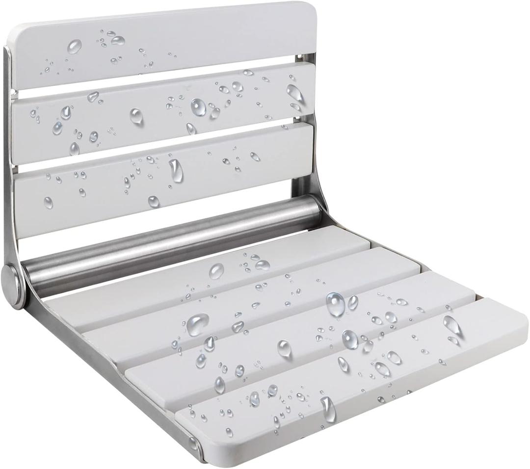 18 inch Teak Folding Shower Seat Wall Mounted, Foldable Shower Bench, 400lbs Max Load, Space-Saving Fold Down Design for Seniors, Elderly & Small Shower Spaces (White)