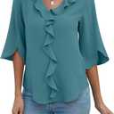Blooming Jelly Womens Dressy Casual Blouses 3/4 Length Sleeve V Neck Ruffle Tops Business Ladies Summer 2026 Trendy Fashion Work Shirt (3X-Large, Turquoise)