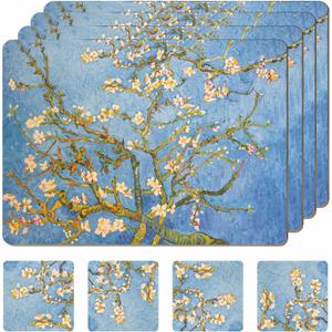 Set of 4 Heat Resistant Cork Placemats for Dining Table with Free Set of 4 Matching Drink Coasters Van Gough Blue Botanical Design 16 x 12 Inches Cork Backed Hard Placemats (Almond Blossoms)