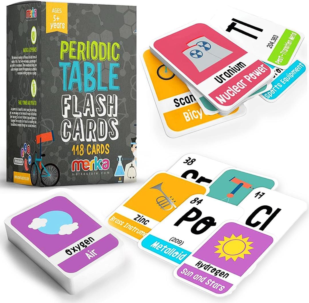 Merka Periodic Table Flashcards, Periodic Table of Elements for Kids, 118 to Learn Science and Chemistry Flash Cards, Homeschool Supplies