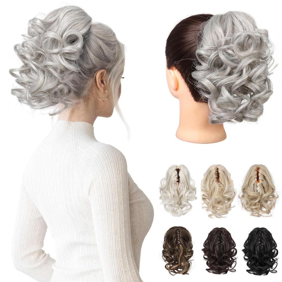 REECHO 9" Short Ponytail Extension, Classic Loose Curly Wavy Claw Clip Pony tails Hair Extensions HP001 Hairpieces for Women (Silver Grey)