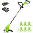 Greenworks 24V 10" Cordless String Trimmer with 2.0Ah Battery and Charger, 20 Replacement Blades Included