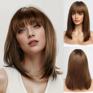 BLONDE UNICORN Natural Brown 16 Inch Bob Wig with Bangs 100% Human Hair,Shoulder Length Wigs for White Women Daily Use 180 Density