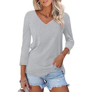 Minetom Women's V Neck 3/4 Sleeve T Shirt Solid/Color Block Casual Basic Tops Summer Tees Size Large