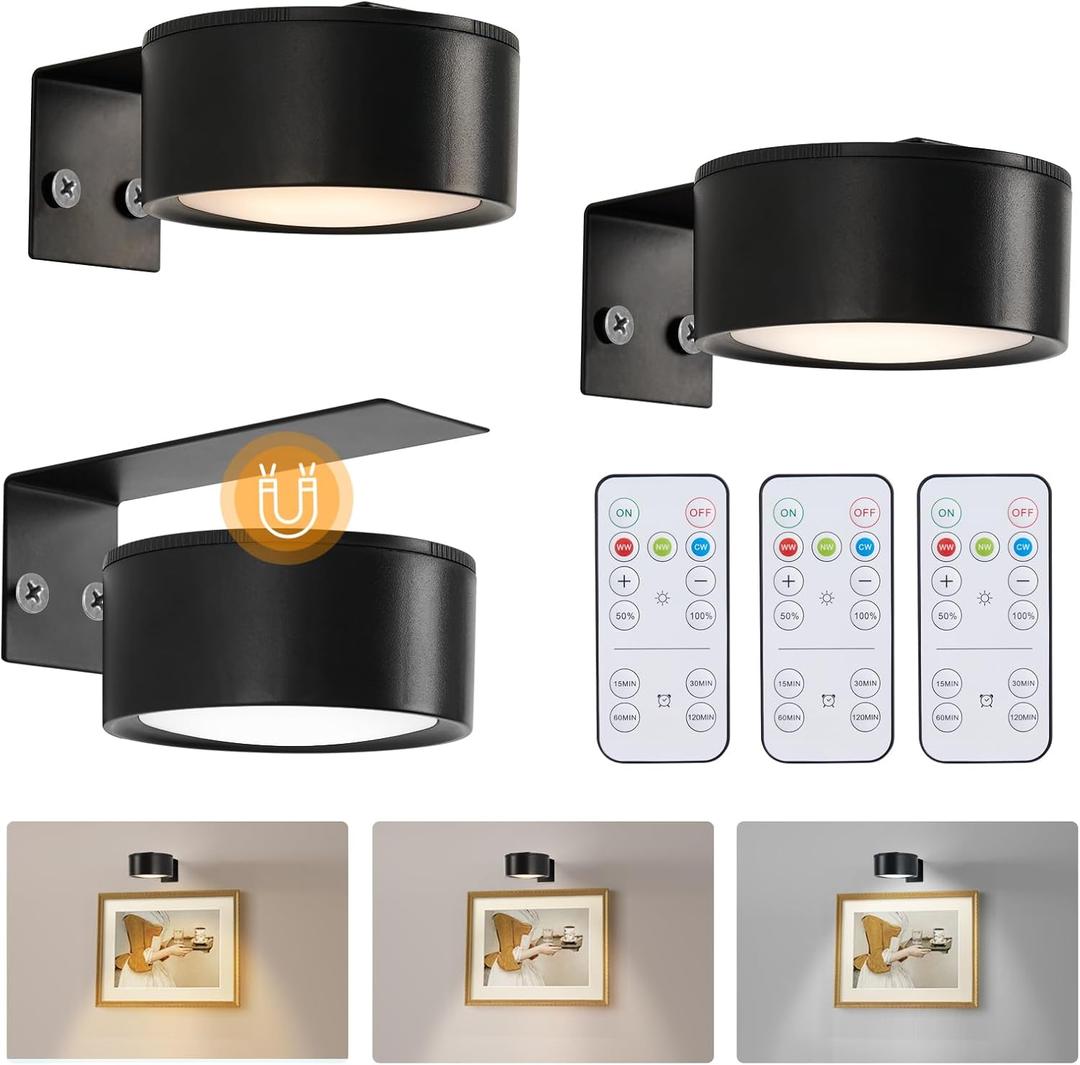 Vitnucrol Battery Operated Picture Lights for Wall, 3 Pack Wireless LED Art Lights with 3 Lighting Modes, Magnetic Dimmable Gallery Lights with Timer for Paintings Artwork Poster Frames (Black)