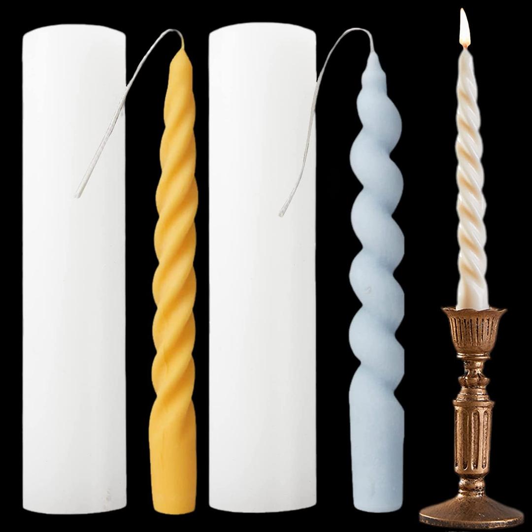 2PCS 3D Twisted Taper Silicone Candle Molds, Long Spiral Cylinder Molds for Aromatherapy Candle Soy Wax Soap Clay Craft Plaster Resin Making, Pillar Mold for HomeDecoration Gift