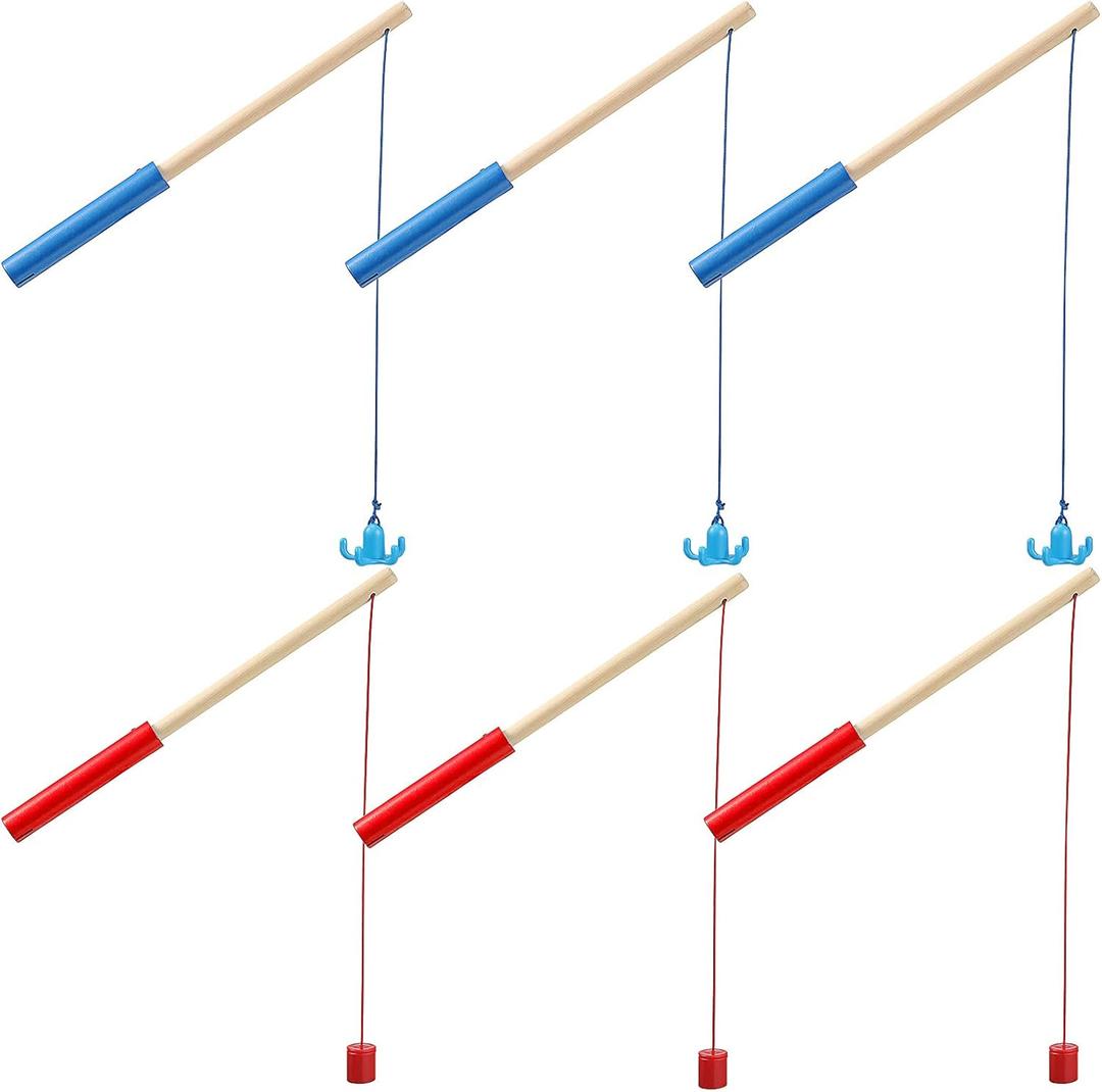 Sumind 6 Pcs Magnetic Fishing Pole Wooden Magnetic Fishing Rods with Magnet Hooks Christmas Game Toy Gifts for Birthday Party(Red, Blue,Column, Hook)