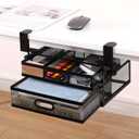 Under Desk Organizer with 2 Sliding Drawers, Mesh Metal Desk Drawer, Anti-Slip Hanging, No Drilling, Black Iron Frame