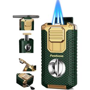 All-in-one Torch Lighter with V Cutter, Punch, Needle, Holder and Triple Jet Flames, Butane Windproof Lighter for Candles, Outdoor, Versatile Accessories with Gift Box for Men (Without Butane)
