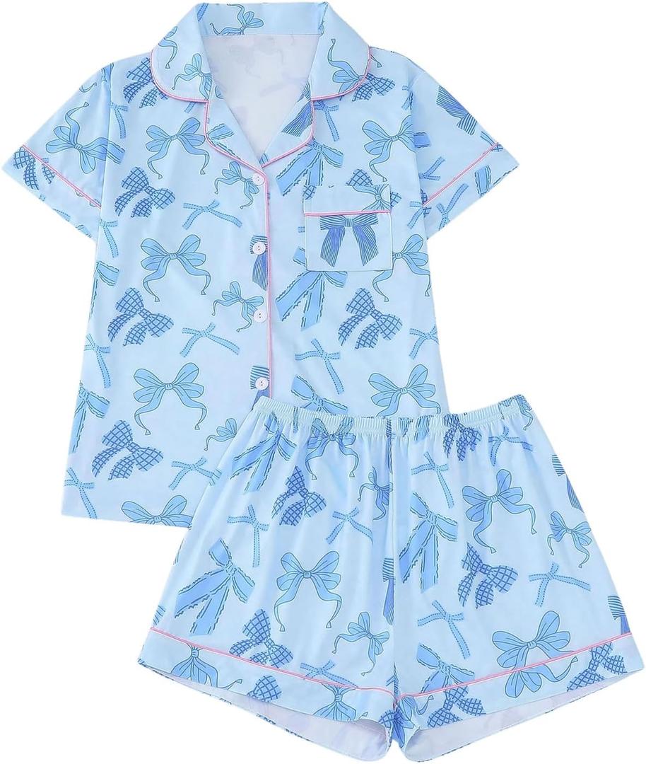 WDIRARA Women's 2 Piece Bow Print Pajama Set Short Sleeve Button Down Lounge Shorts Sleepwear Sets (Medium, Blue)