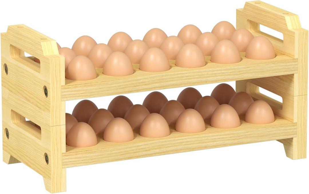 Egg Holder Countertop, 2-Tier Stackable Wooden Egg Holder for 36 Eggs, Space Saving Countertop Organizer, Multi-Size Egg Storage Rack for Chicken Duck Turkey Quail Eggs, Natural