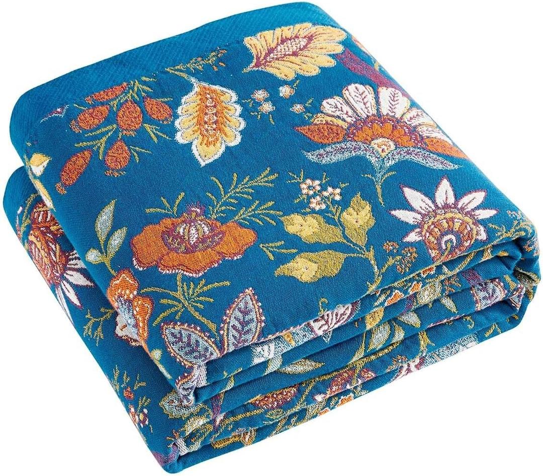 XIBLC Fall Throw Blanket for Couch, Blue Boho Decorative Throw Blanket, 100% Cotton Muslin Breathable Woven Farmhouse Blankets Quilt, 80"x90" Reversible Lightweight Blankets Bohemian Throw Quilt