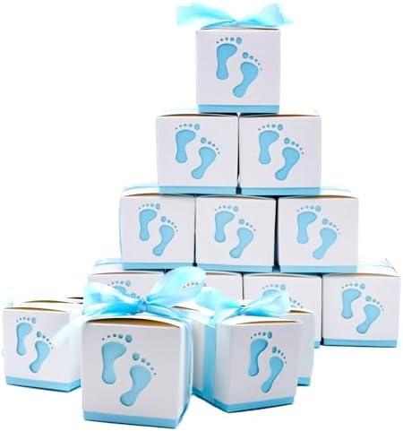 50 Pcs Cute Newborn Baby Footprints Candy Boxes with Ribbon Baby Shower Candy Box Party Table Decor Birthday Party Gift Favor(Blue)