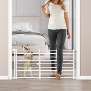Malier Indoor Dog Gate with Door, 26-41" Extra Wide Full Metal Pet Gate Short Dog Gate for Stairs, Pressure Mount 20'' Tall Small Puppy Gate, Easy Step Over Low Gate for Doorways (White)