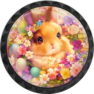 2 x 4 Pack Spring Bunny with Easter Eggs and Floral Cabinet Knobs Round Drawer Pulls Black Dresser Knob Cupboard Door Handles Hardware for Kitchen Bathroom Cabinets