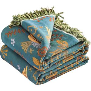 VANJOROY Boho Throw Blanket, 100% Organic Cotton Breathable Ultra Soft 80" x 90" Bed Quilt Throw - Floral Rustic Bird Farmhouse Decor Luxury Reversible Blanket for Sofa Couch Chair and Gift,Teal/Beige