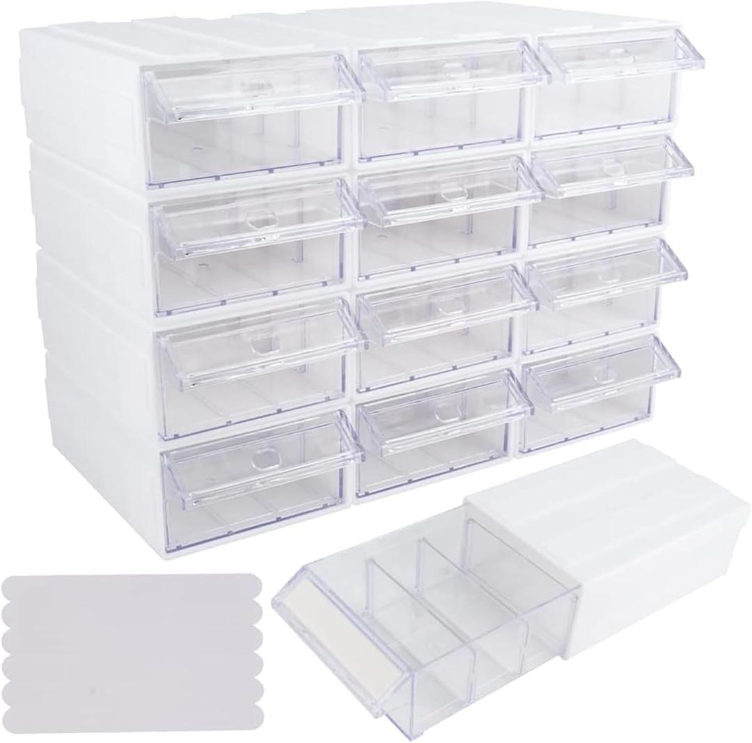 12 Pcs Drawer Stackable Storage Cabinet, White Plastic Organizer with Drawers & 36 Pcs Clear Dividers Organizer Rack & 48 Pcs Tag Card & 24 Pcs Non-slip Stickers for Home Office School