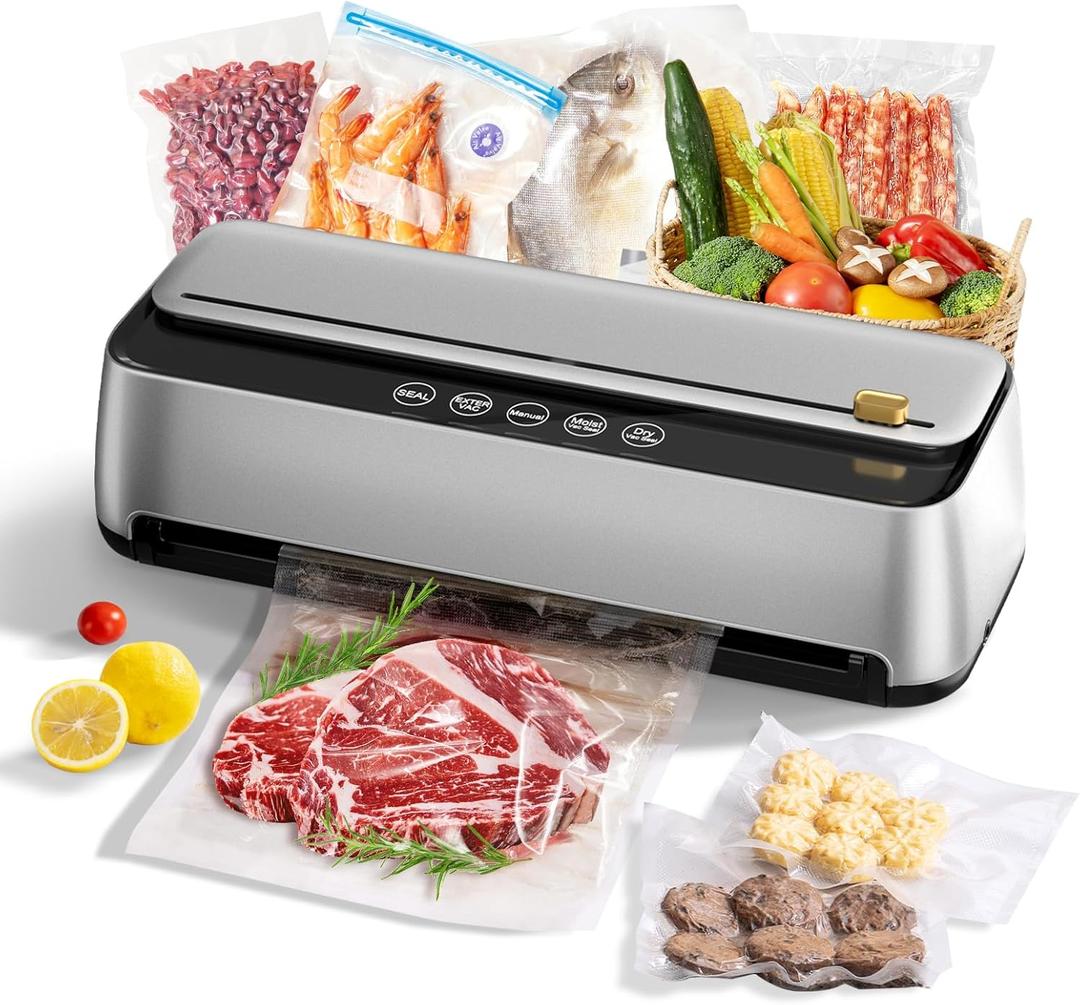 85Kpa Vacuum Sealer Machine for Food, 8-IN-1 Fully Automatic Food Sealer with Built-in Cutter & Bag Storage, Dry/Moist/EXT-VAC Modes, LED Touch Control, Includes 12 Vacuum Bags & 1 Roll Bag