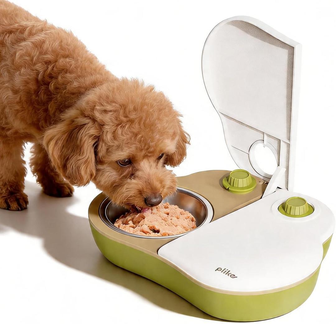 Plike 2-Meal Automatic Pet Feeder, 48H Timed Wet Food Refrigerated Dispenser, Includes 2 Ice Packs and Stainless Steel Pet Bowl, Ideal for Wet Food, Yogurt & Canned Meals for Cats & Small Dogs