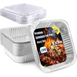 25 Pack 8x8 Aluminum Foil Pans with Lids-Disposable Square Baking Pans for Cooking, Baking, Storing, and Prepping Food - Ideal for Cakes, Breads, and Roasting