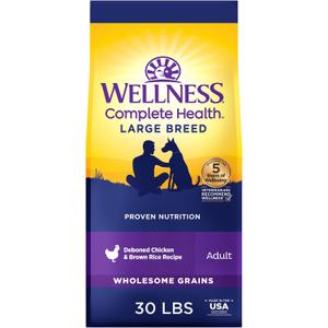 Wellness Complete Health Large Breed Adult Dry Dog Food, Wholesome Grain Kibble, Natural, Chicken and Brown Rice Recipe, 30 lb Bag (EXP 07/23/27)