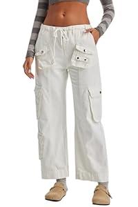 GREAIDEA Cargo Pants for Women Low Rise Drawstring Waist 7 Pockets Hiking Work Wide Leg Pants with Zipper Button Closure (Small)